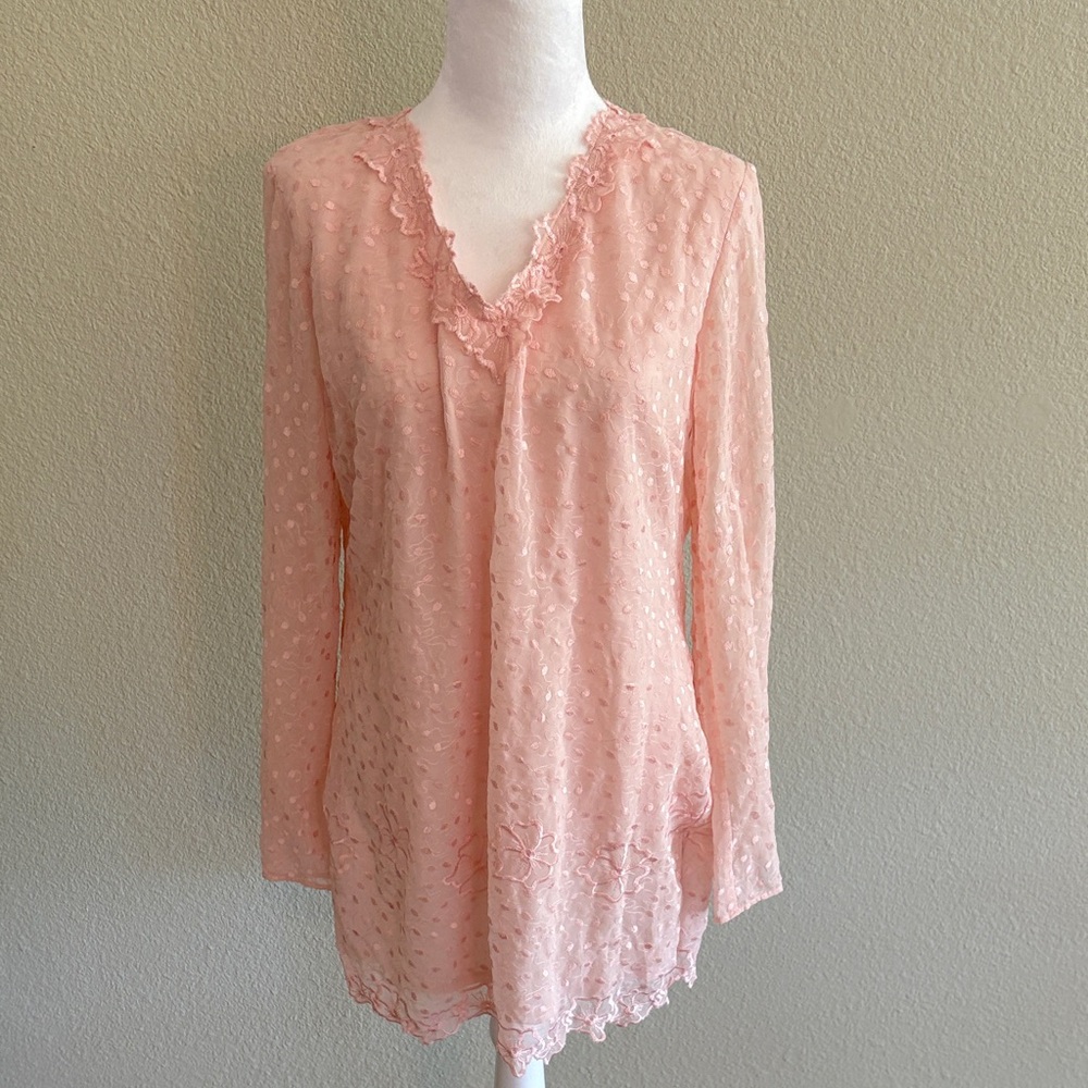 Badgley Mischka Light Pink Lace Trim Long-Sleeve Women's nightwear